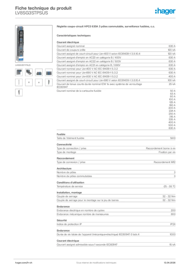 Image Hager Fiche technique du produit LV8SG3STPSUS | Hager Suisse