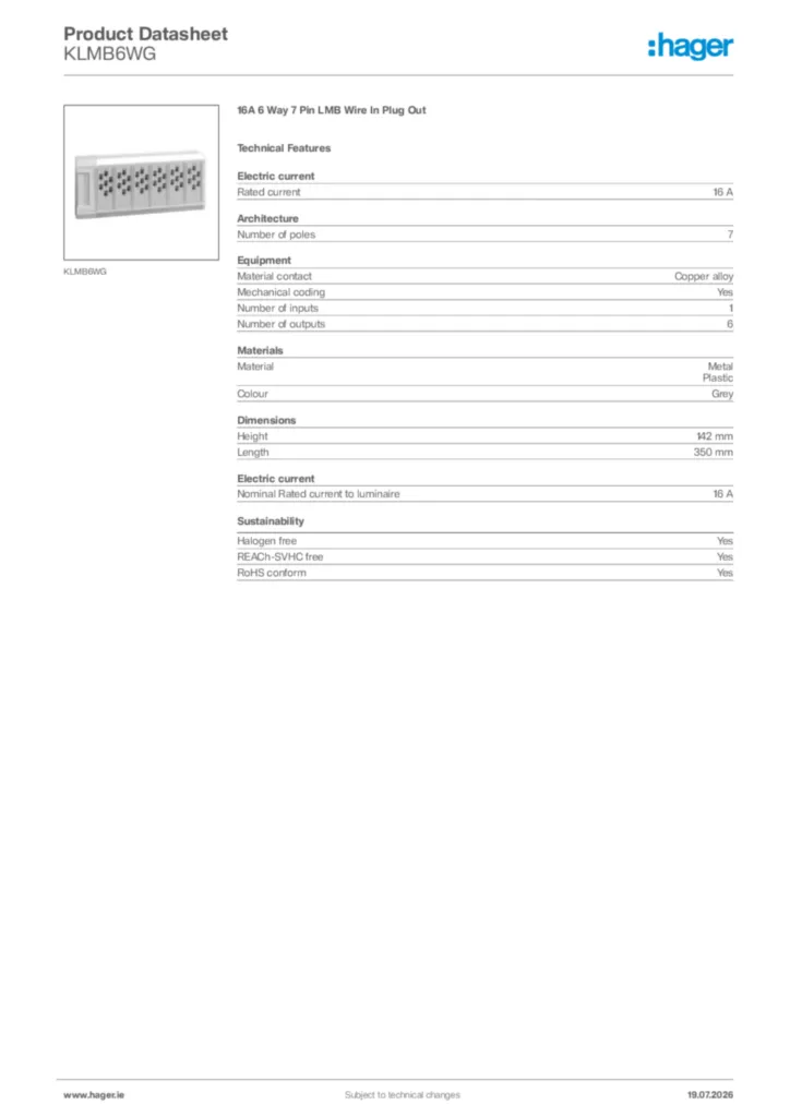 Pin Lmb's 16A 6 Way 7 Pin LMB Wire In Plug Out • KLMB6WG | Hager