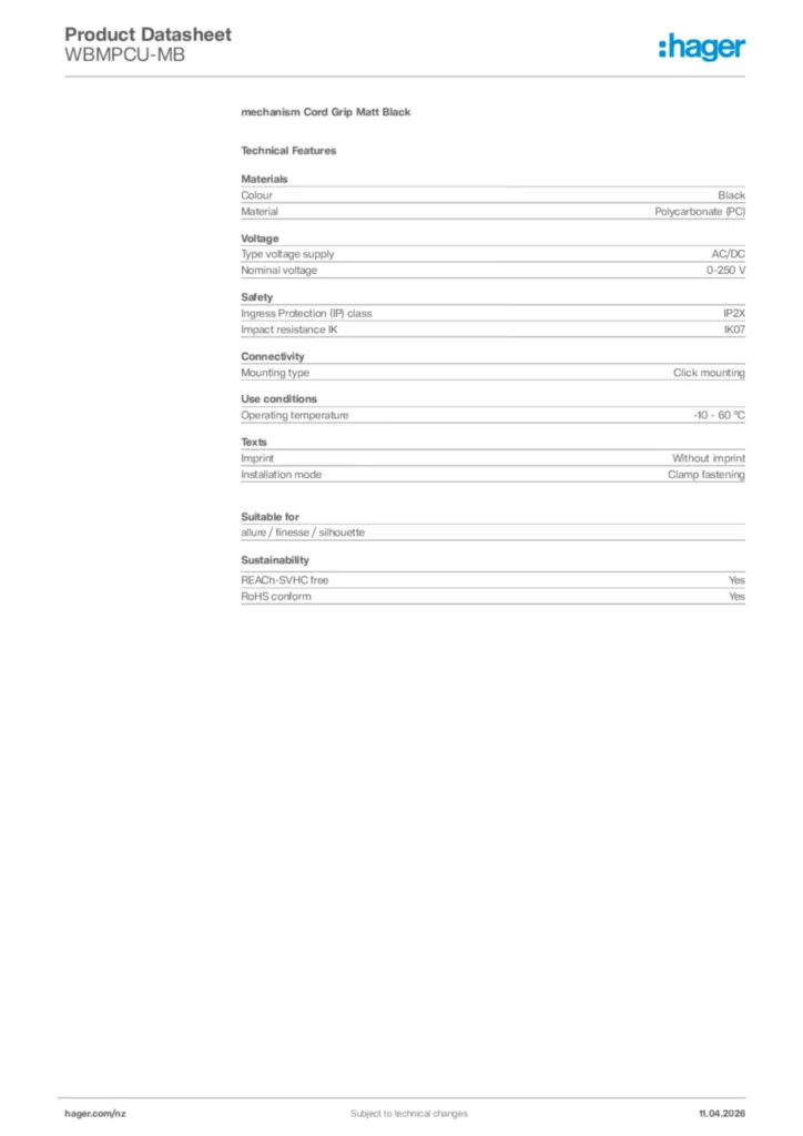 Image Hager Product data sheet WBMPCU-MB  | Hager New Zealand