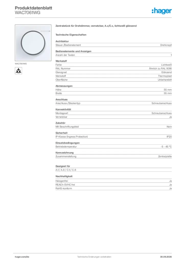 Bild Hager Produktdatenblatt WAC7061WG | Hager Deutschland