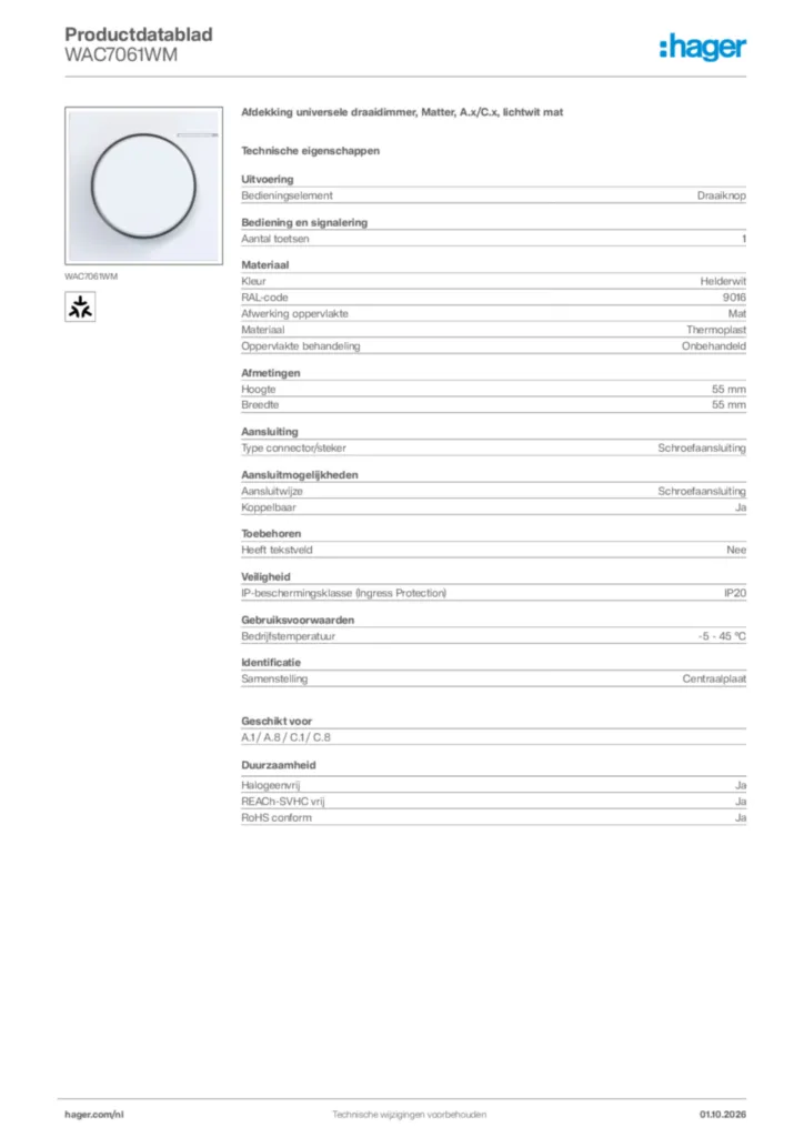 Afbeelding Hager Productdatablad WAC7061WM | Hager Nederland