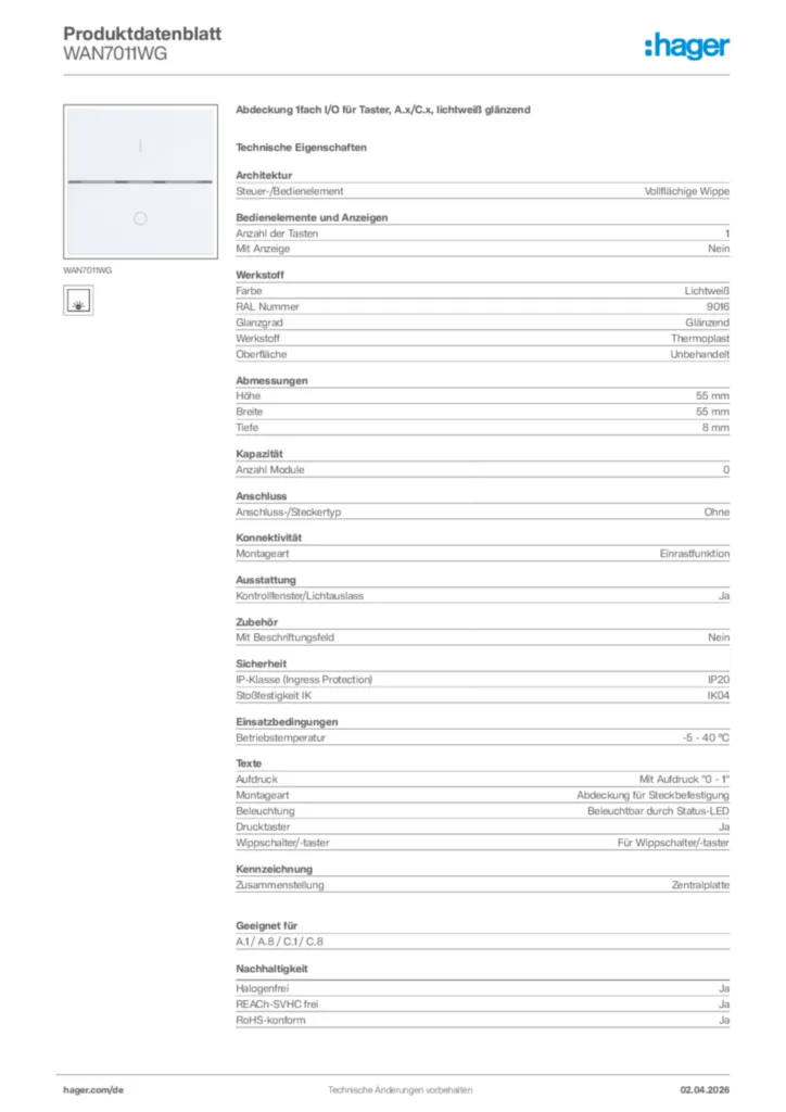 Bild Hager Produktdatenblatt WAN7011WG | Hager Deutschland