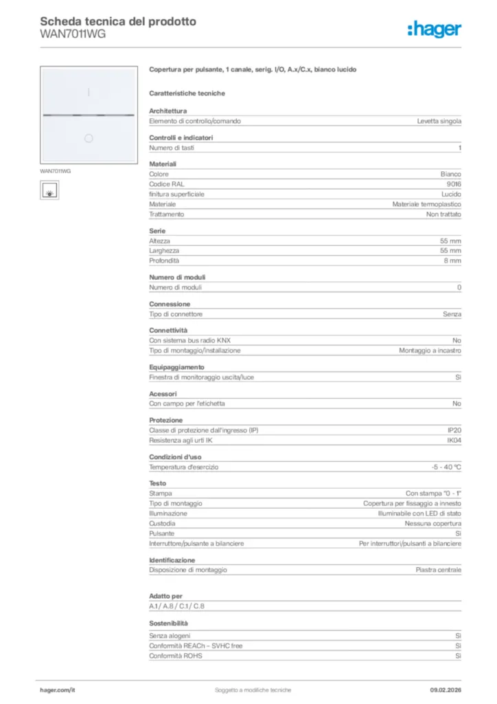 Immagine Hager Scheda tecnica del prodotto WAN7011WG | Hager Italia