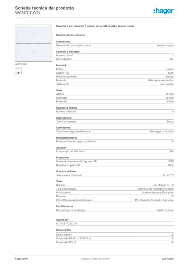 Immagine Hager Scheda tecnica del prodotto WAN7011WG | Hager Italia