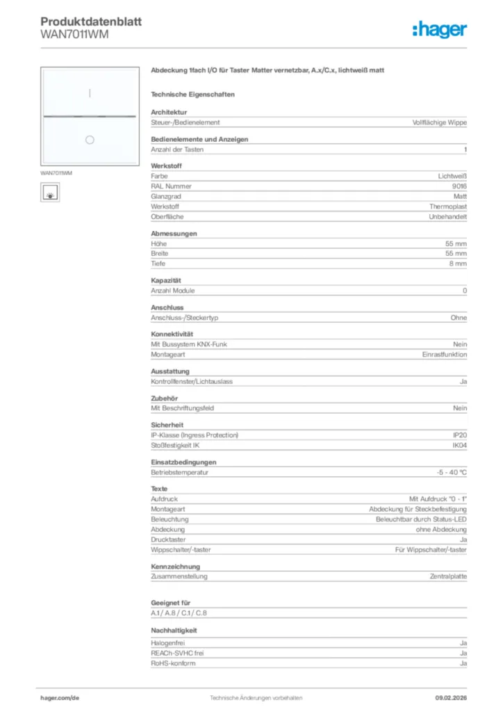 Bild Hager Produktdatenblatt WAN7011WM | Hager Deutschland