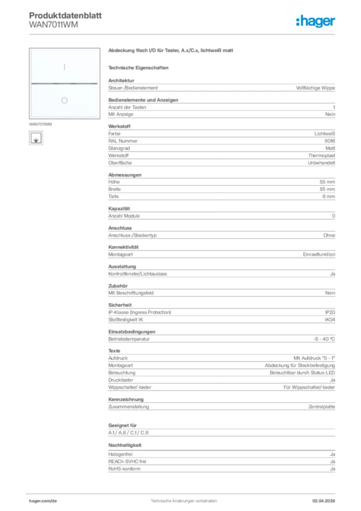 Bild Hager Produktdatenblatt WAN7011WM | Hager Deutschland