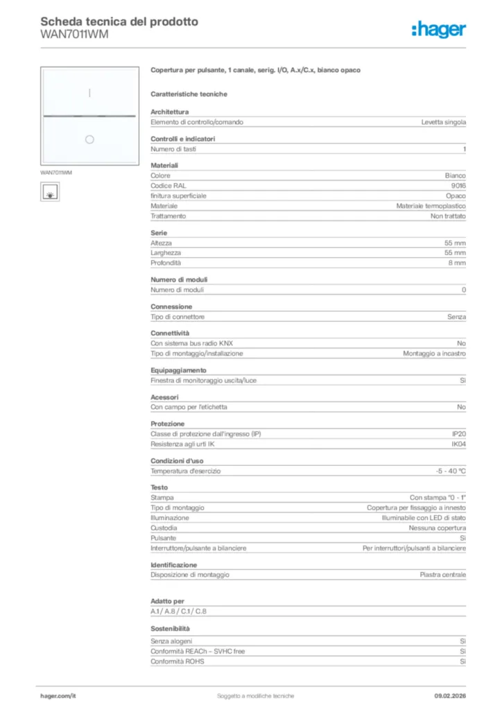 Immagine Hager Scheda tecnica del prodotto WAN7011WM | Hager Italia