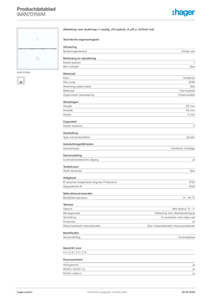 Afbeelding Hager Productdatablad WAN7011WM | Hager Nederland