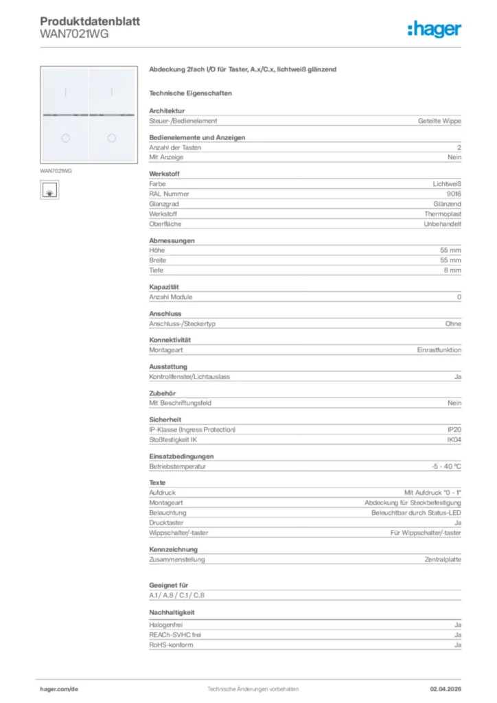 Bild Hager Produktdatenblatt WAN7021WG | Hager Deutschland