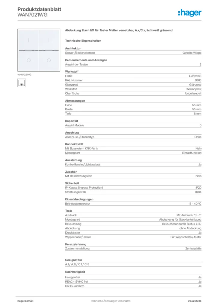 Bild Hager Produktdatenblatt WAN7021WG | Hager Deutschland