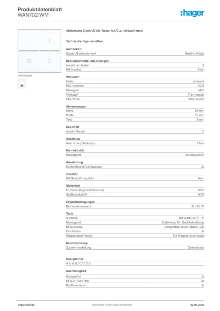 Bild Hager Produktdatenblatt WAN7021WM | Hager Deutschland