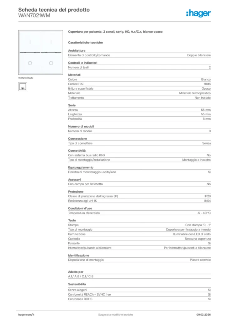 Immagine Hager Scheda tecnica del prodotto WAN7021WM | Hager Italia