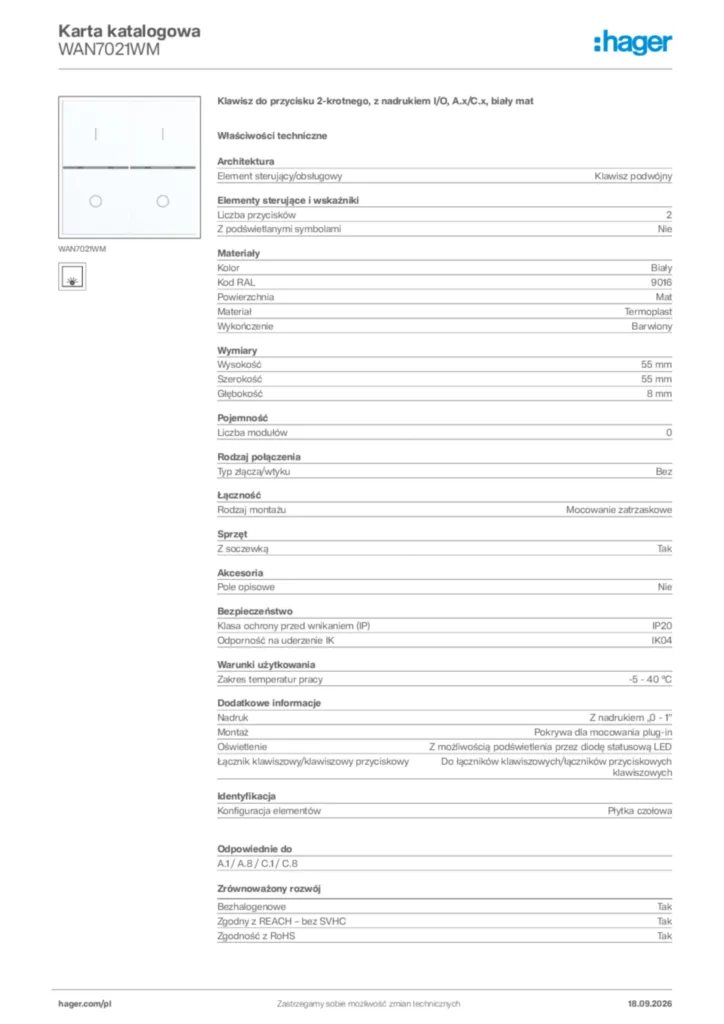 Zdjęcie Hager Karta katalogowa WAN7021WM | Hager Polska