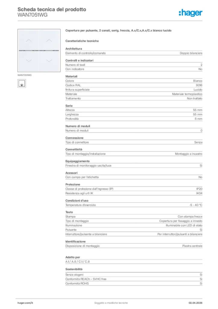 Immagine Hager Scheda tecnica del prodotto WAN7051WG | Hager Italia