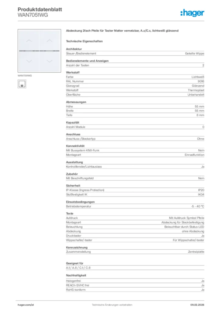 Bild Hager Produktdatenblatt WAN7051WG | Hager Deutschland