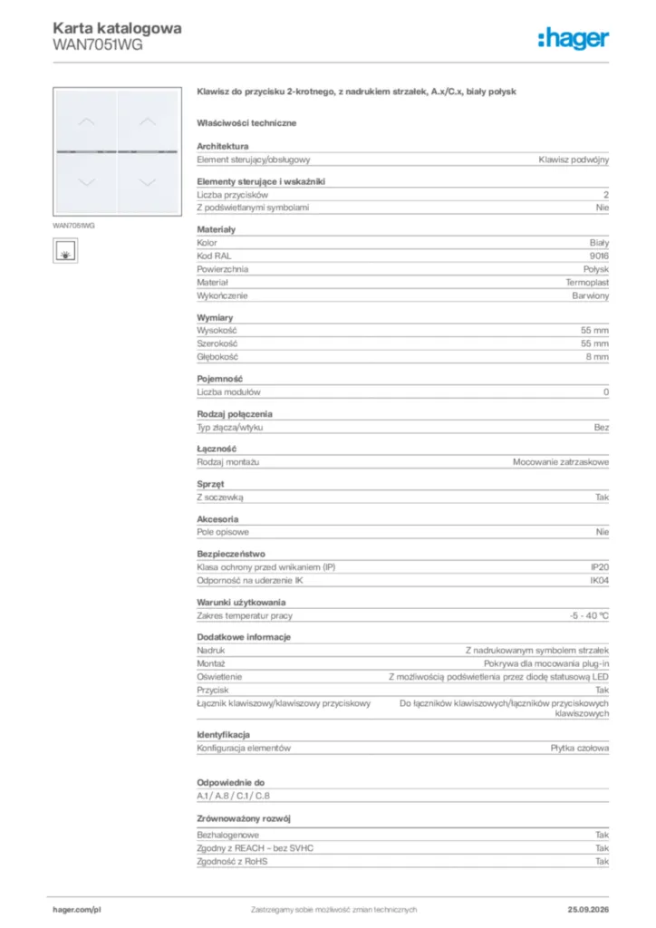 Zdjęcie Hager Karta katalogowa WAN7051WG | Hager Polska