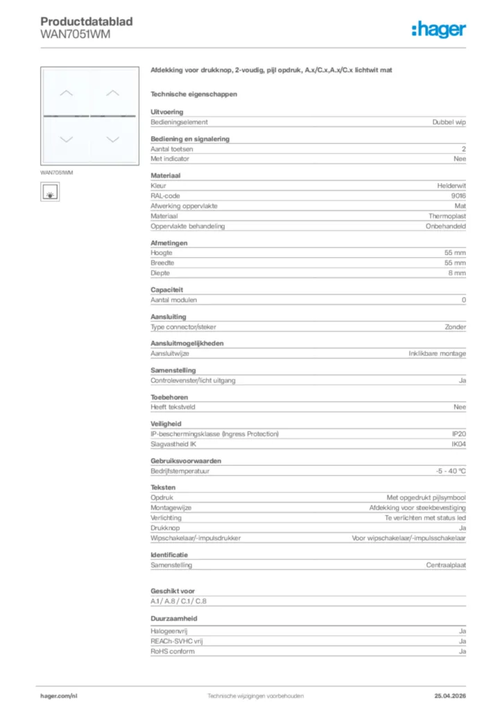 Afbeelding Hager Productdatablad WAN7051WM | Hager Nederland