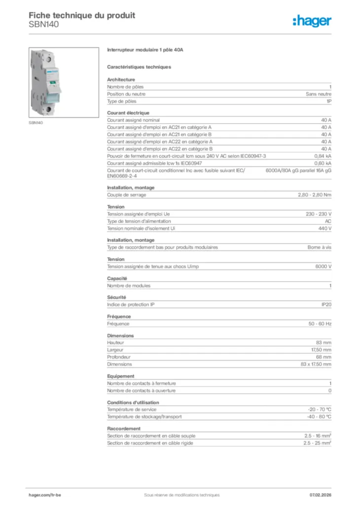 Image Hager Fiche technique du produit SBN140 | Hager Belgique