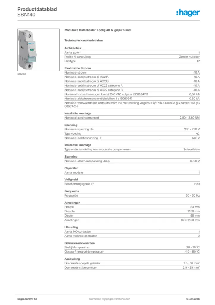 Afbeelding Hager Productdatablad SBN140 | Hager Belgium