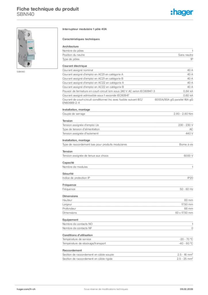 Image Hager Fiche technique du produit SBN140 | Hager Suisse