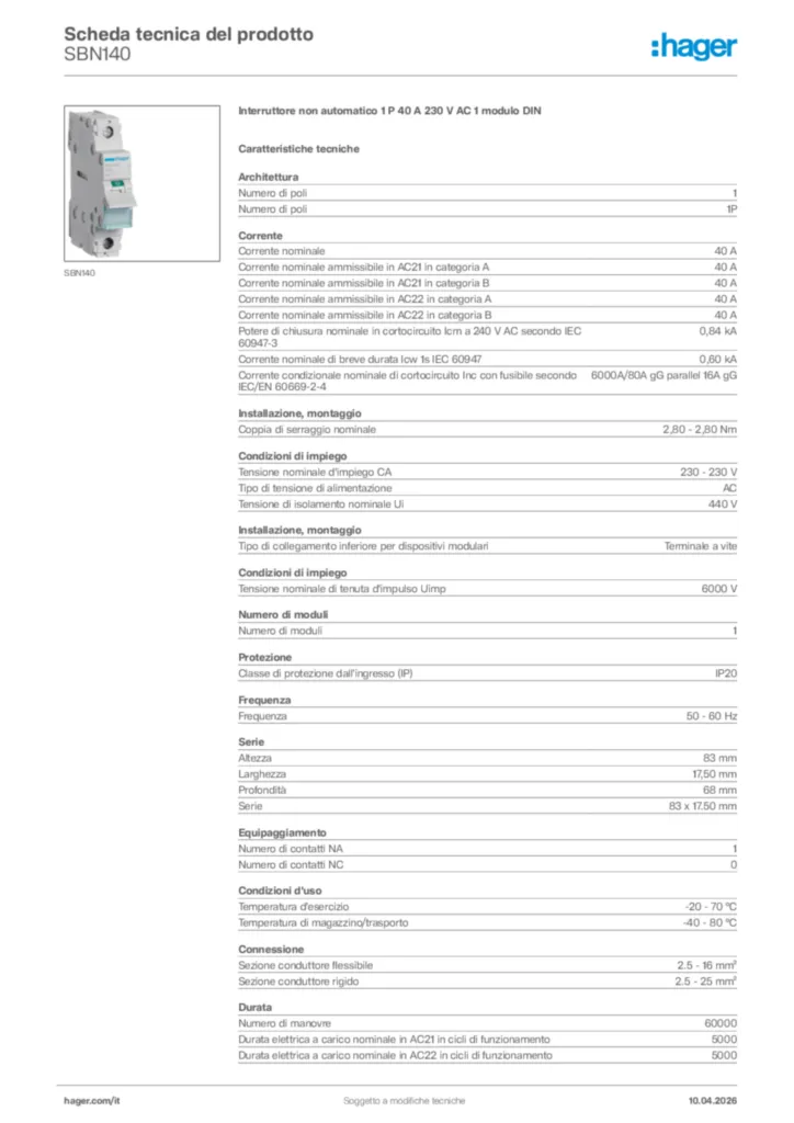 Immagine Hager Scheda tecnica del prodotto SBN140 | Hager Italia