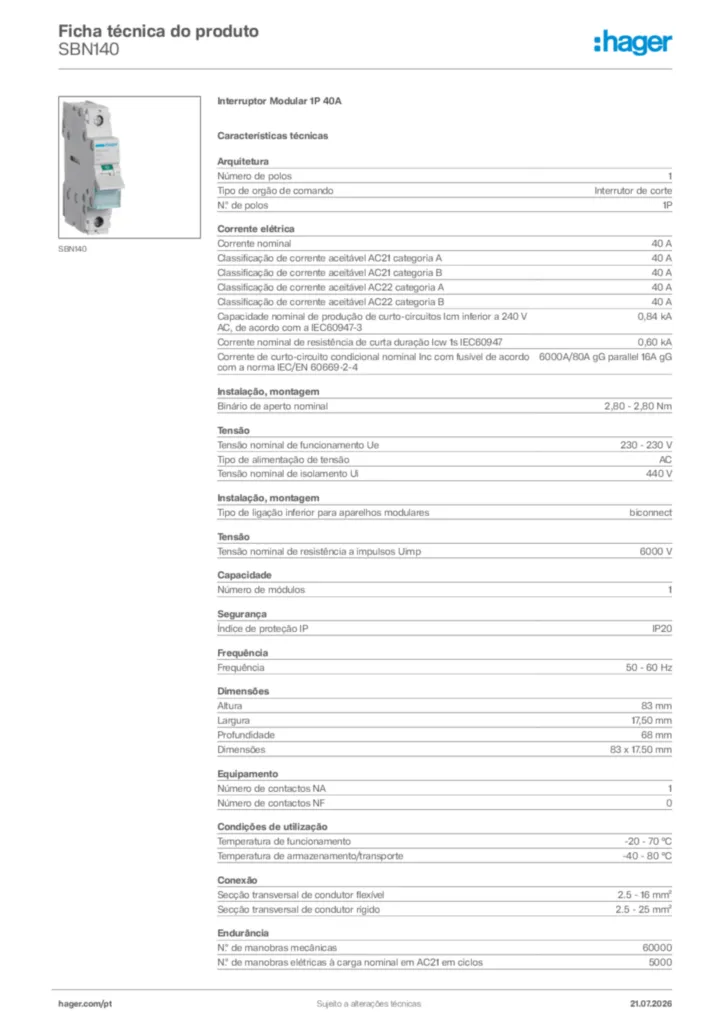 Imagem Hager Ficha técnica do produto SBN140 | Hager Portugal