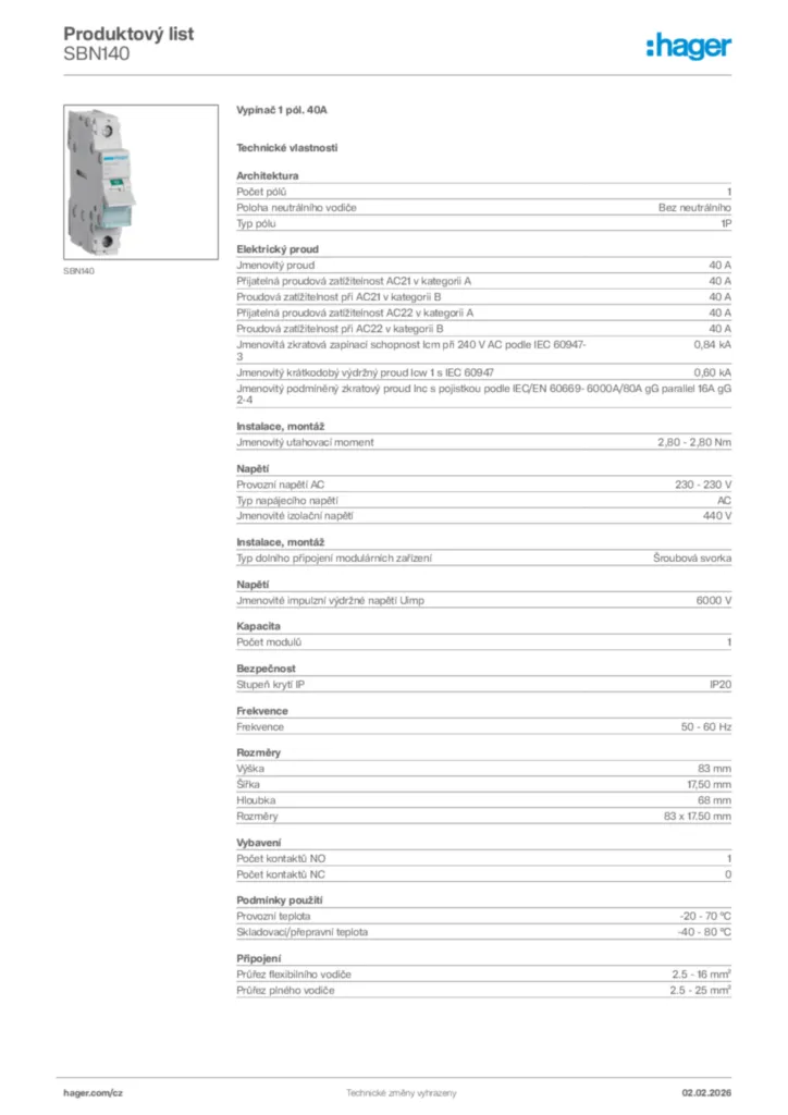 Obrázek Hager Product data sheet SBN140 | Hager