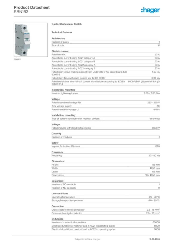 Image Hager Product data sheet SBN163  | Hager Africa