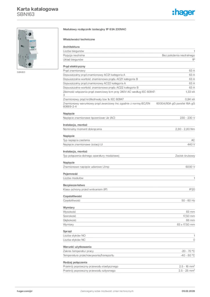 Zdjęcie Hager Karta katalogowa SBN163 | Hager Polska