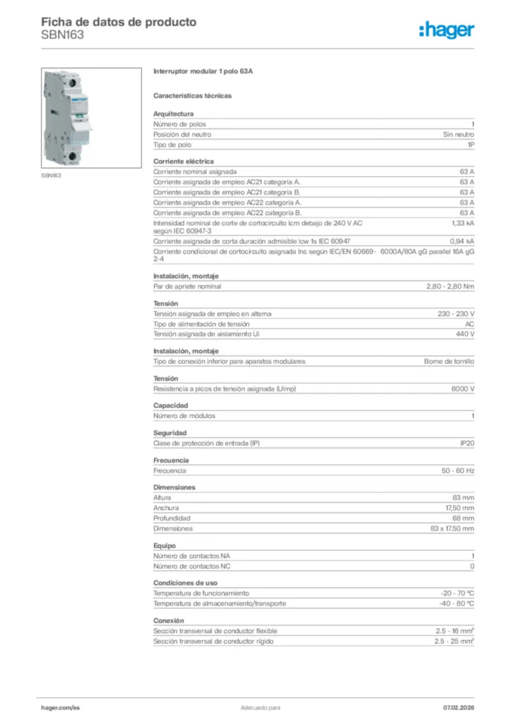 Imagen Hager Ficha de datos de producto SBN163 | Hager España