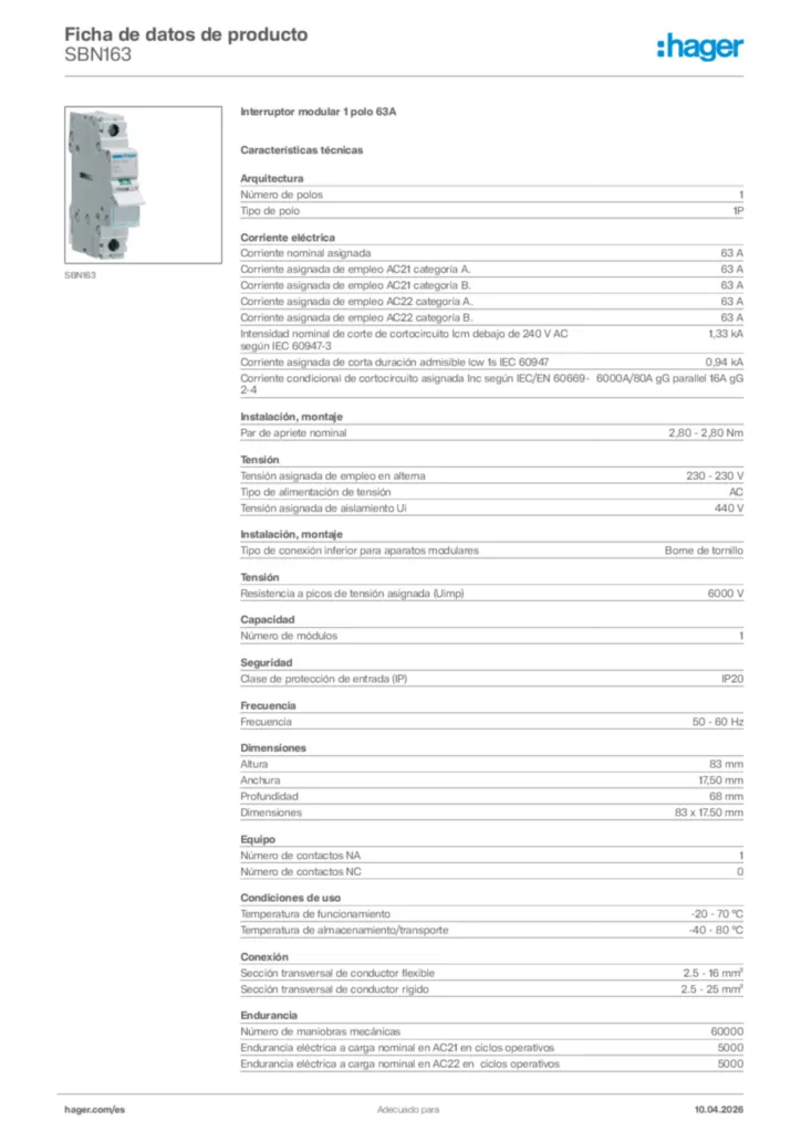 Imagen Hager Ficha de datos de producto SBN163 | Hager España