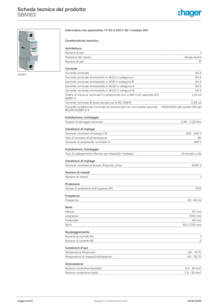 Immagine Hager Scheda tecnica del prodotto SBN163 | Hager Italia