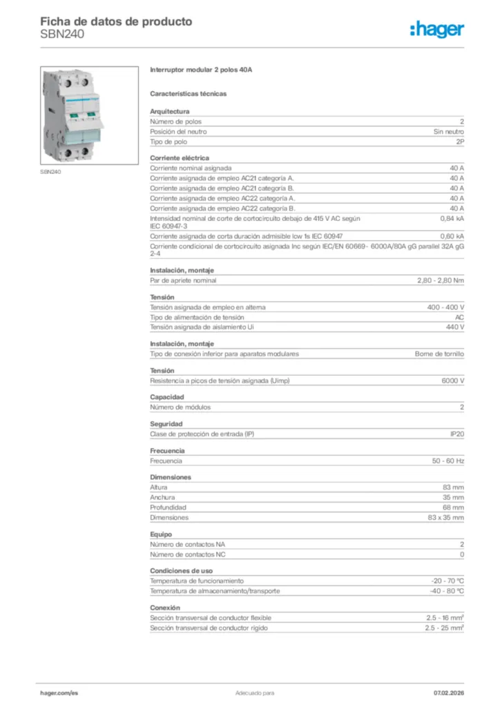 Imagen Hager Ficha de datos de producto SBN240 | Hager España