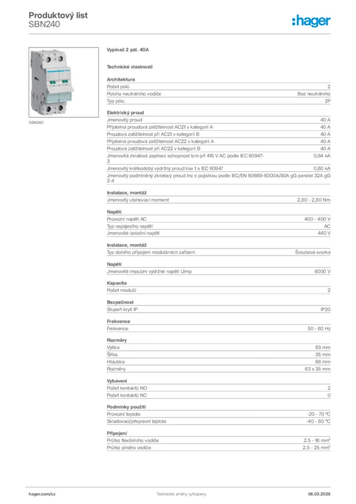 Obrázek Hager Product data sheet SBN240 | Hager