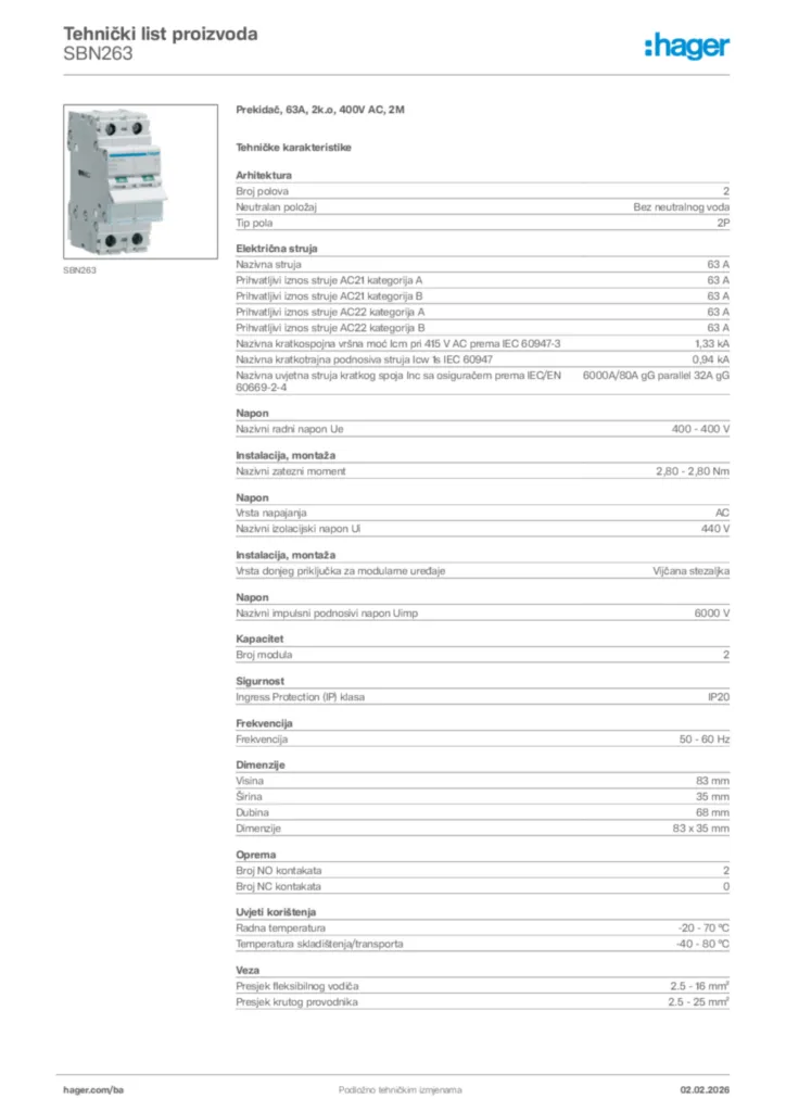 Slika Hager Tehnički list proizvoda SBN263  | Hager