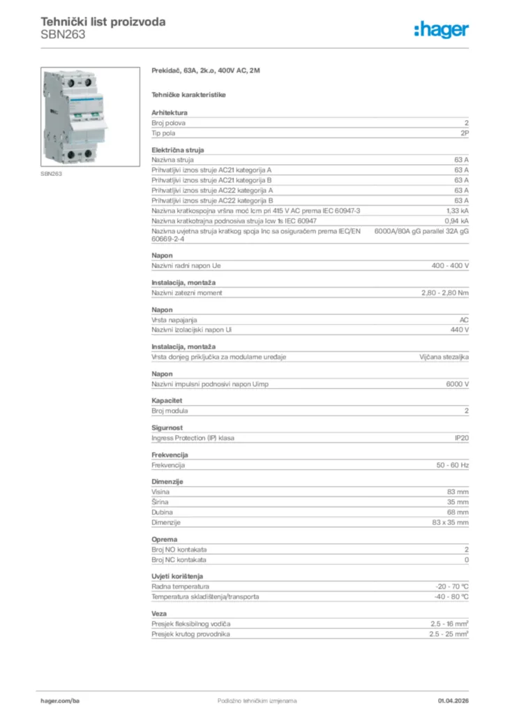 Slika Hager Tehnički list proizvoda SBN263  | Hager
