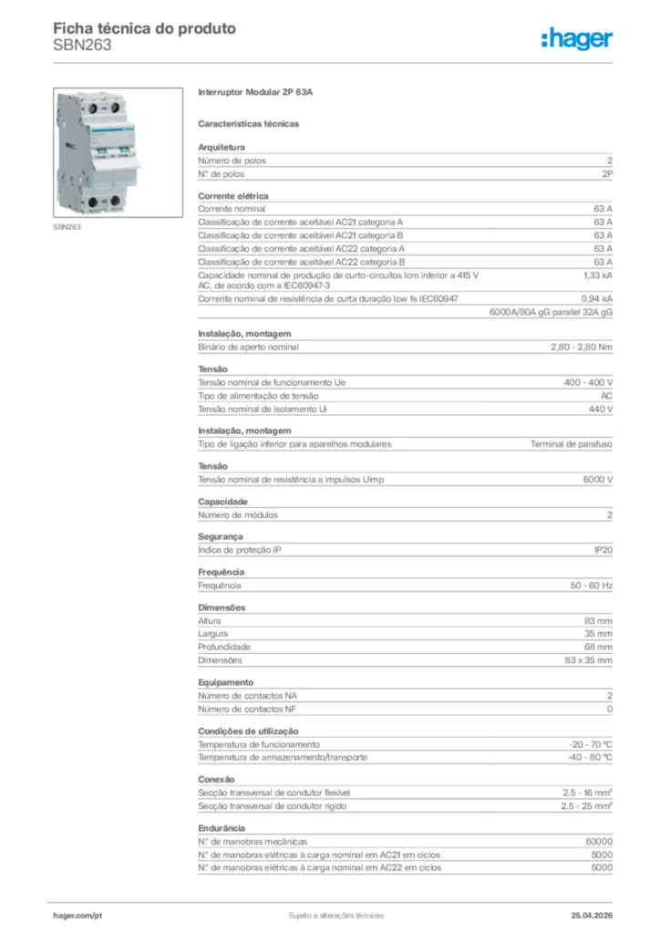 Imagem Hager Ficha técnica do produto SBN263 | Hager Portugal
