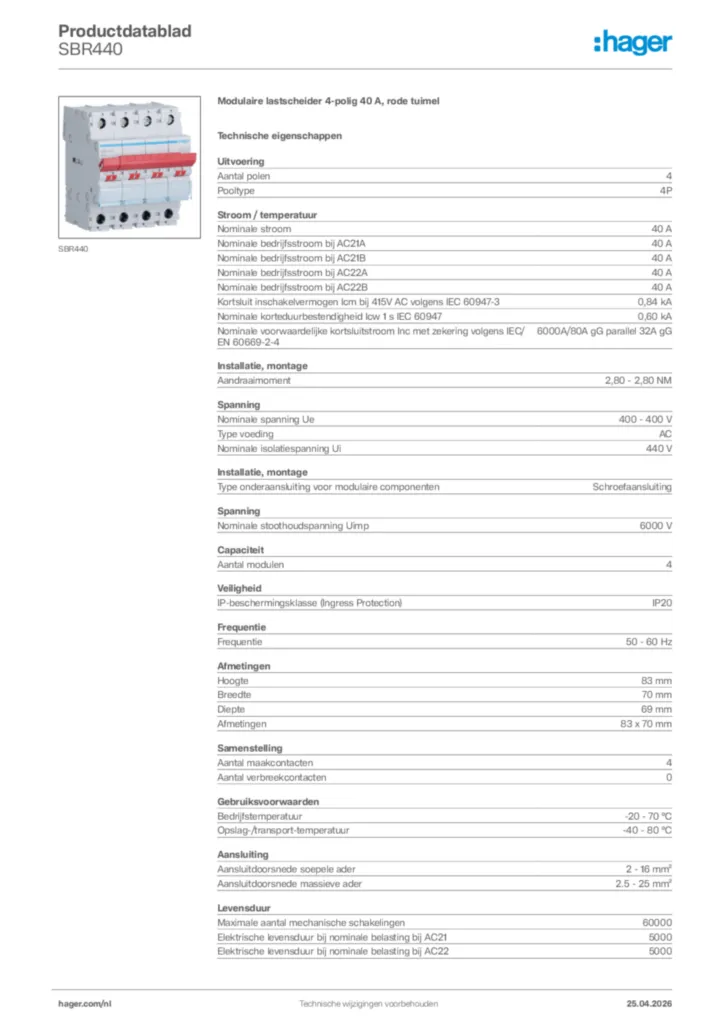Afbeelding Hager Productdatablad SBR440 | Hager Nederland