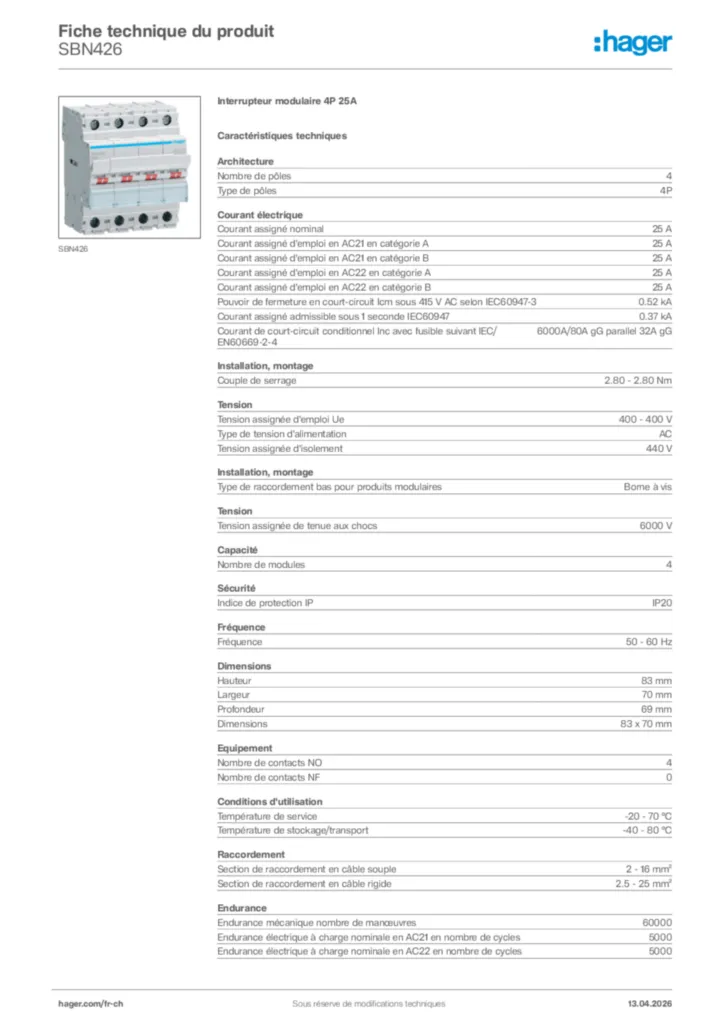Image Hager Fiche technique du produit SBN426 | Hager Suisse