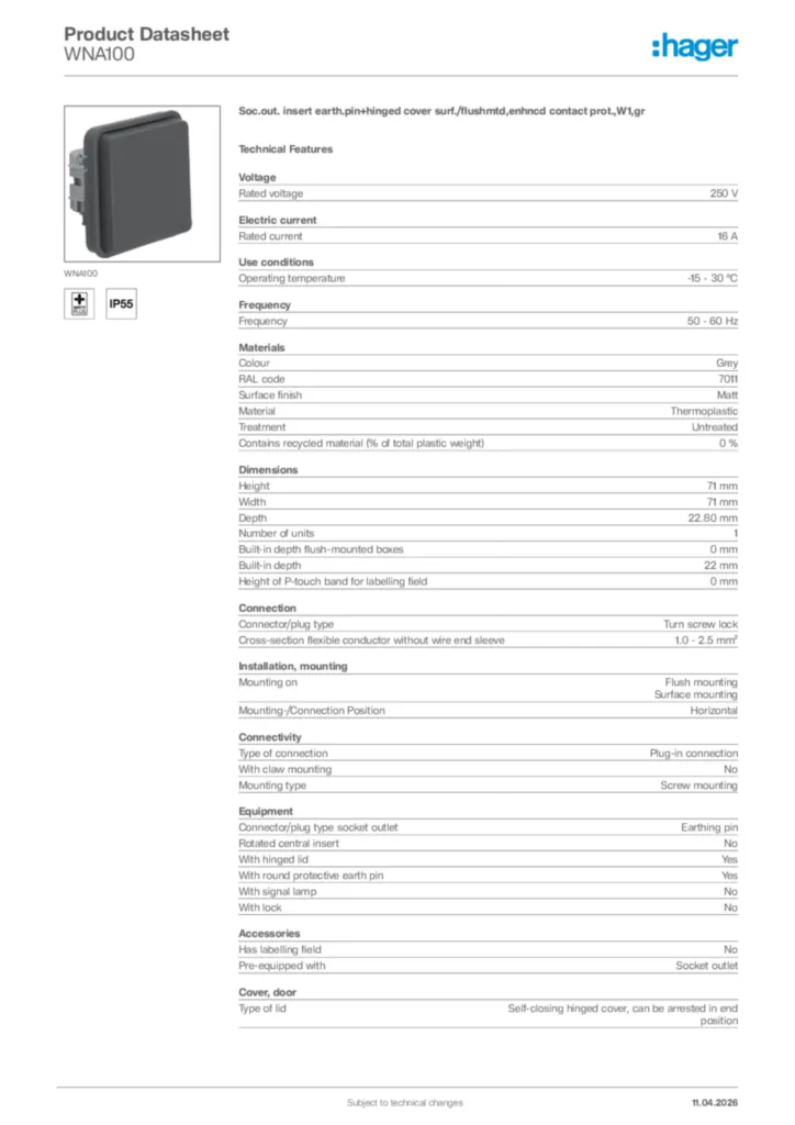 Image Hager Product data sheet WNA100  | Hager Africa