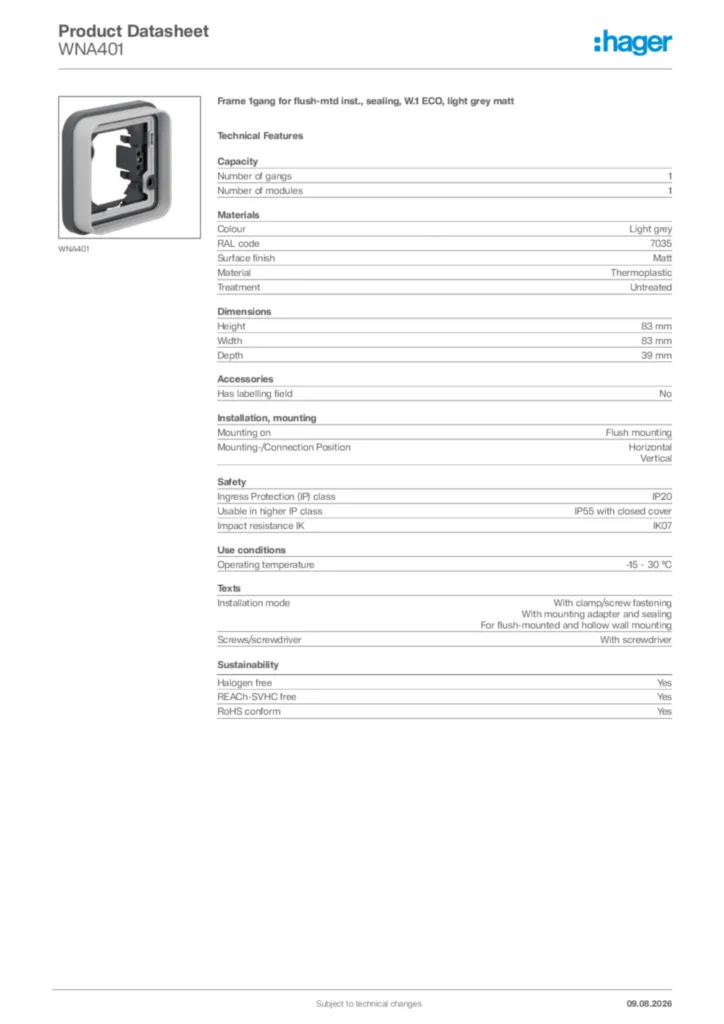 Image Hager Product data sheet WNA401  | Hager Africa