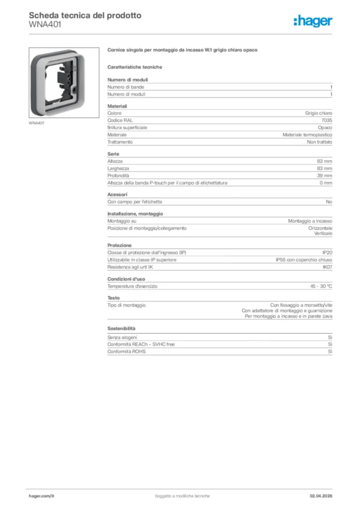 Immagine Hager Scheda tecnica del prodotto WNA401 | Hager Italia