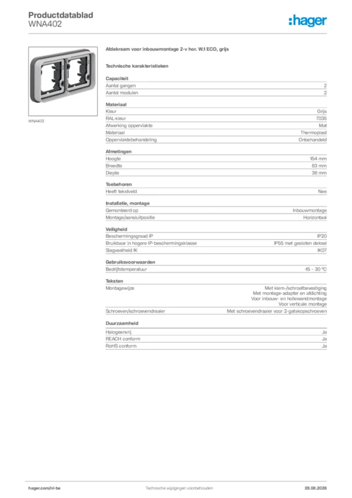 Afbeelding Hager Productdatablad WNA402 | Hager Belgium