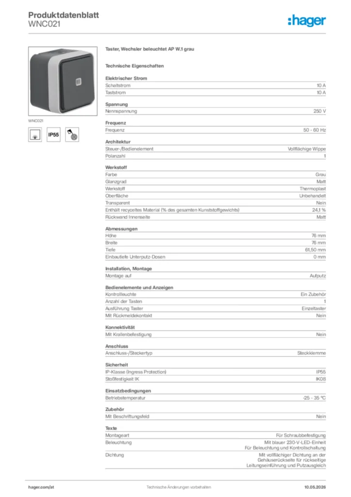 Bild Hager Produktdatenblatt WNC021 | Hager Deutschland