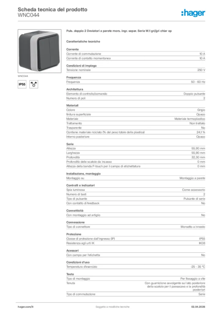 Immagine Hager Scheda tecnica del prodotto WNC044 | Hager Italia