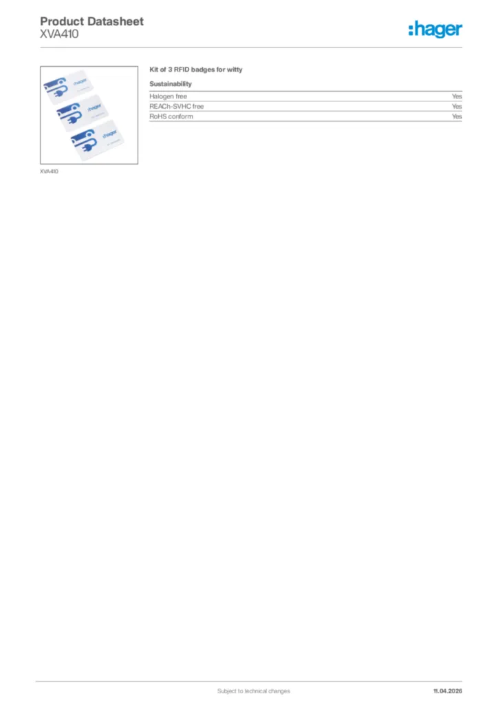 Image Hager Product data sheet XVA410  | Hager Africa