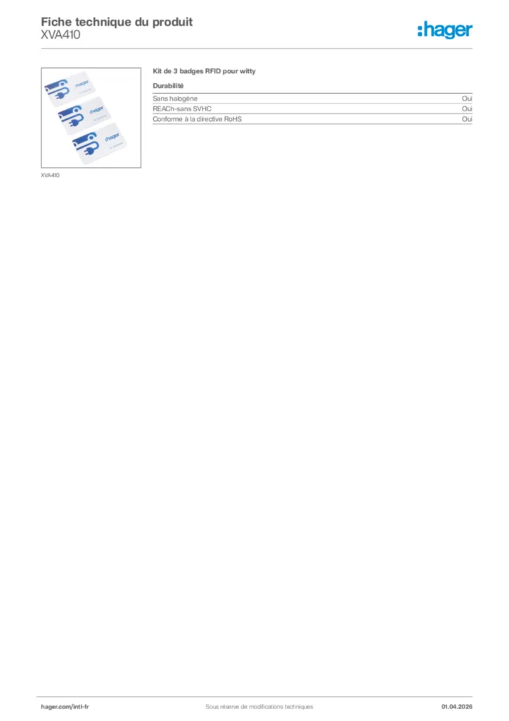 Image Hager Fiche technique du produit XVA410 | Hager Afrique