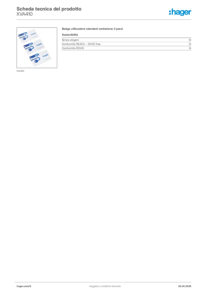 Immagine Hager Scheda tecnica del prodotto XVA410 | Hager Italia