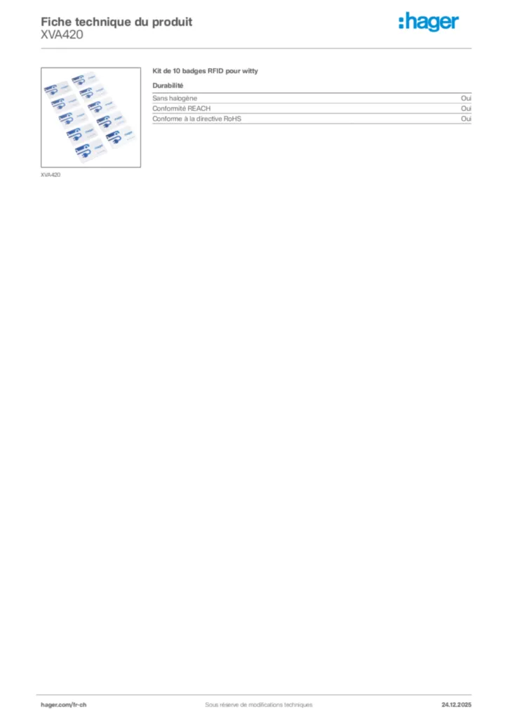 Image Hager Fiche technique du produit XVA420 | Hager Suisse