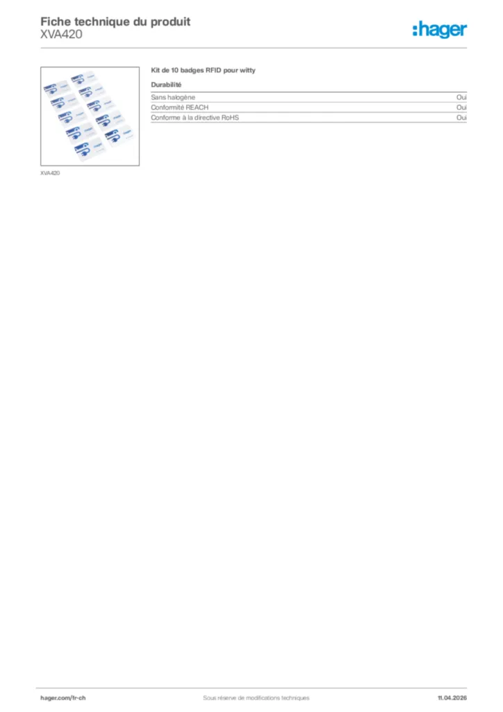 Image Hager Fiche technique du produit XVA420 | Hager Suisse
